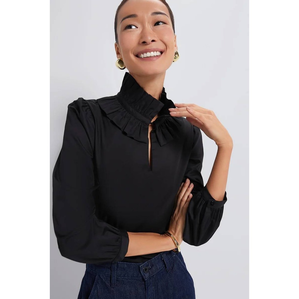 Tuckernuck Black Ruffle Neck Bouvier Blouse Puff Sleeve XXL New